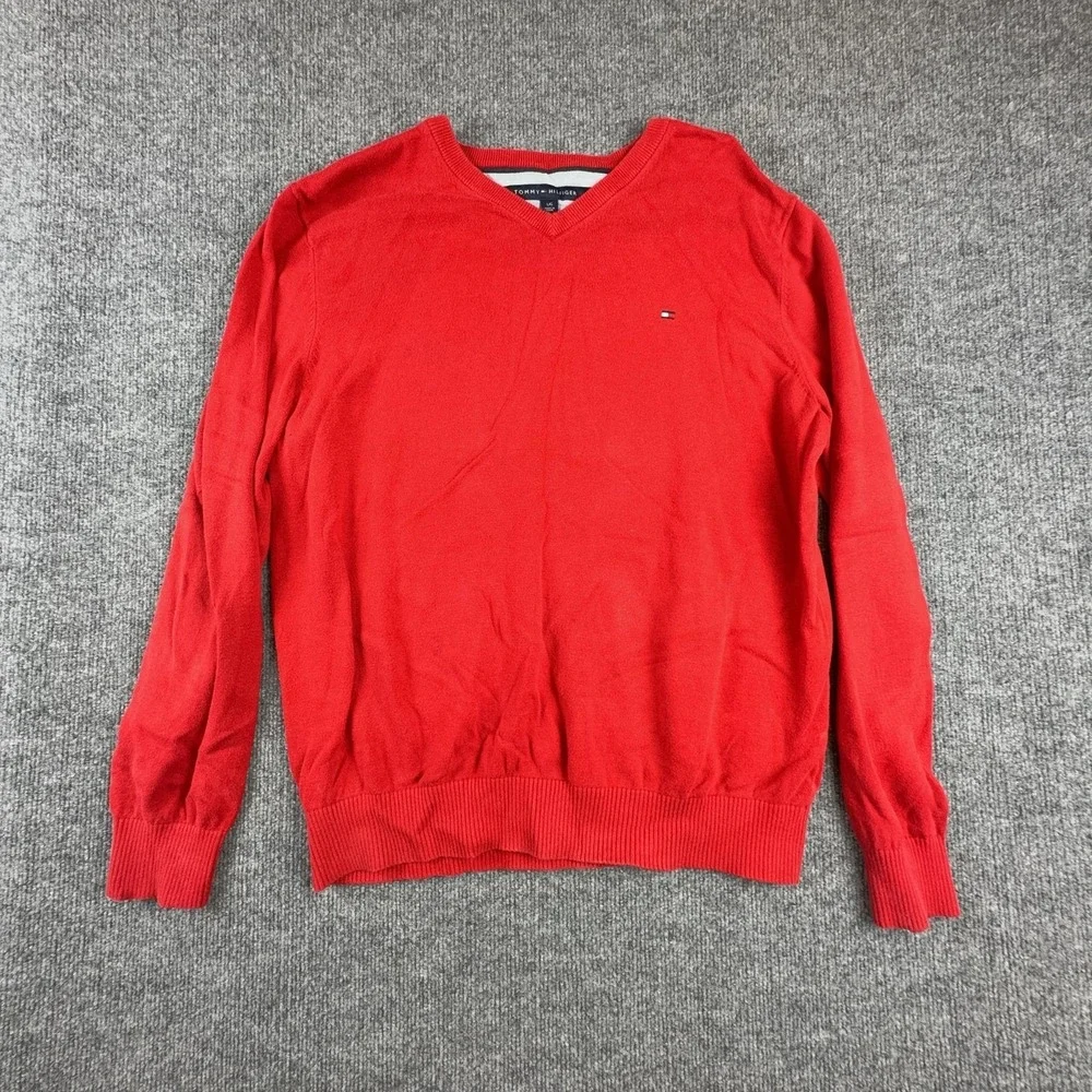 Tommy Hilfiger Sweater Mens Large Red V Neck Flag Logo Cotton Knit Pullover